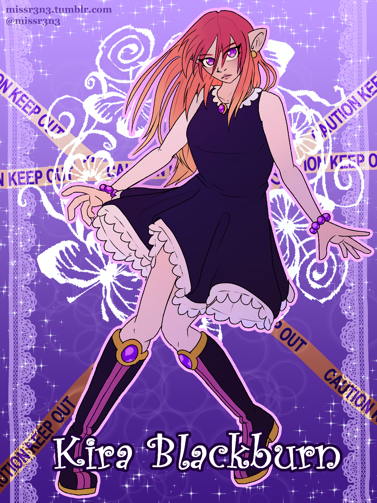 an anime girl with orange hair, long ears, and a gothic black dress over a purple, Blingee-inspired background
